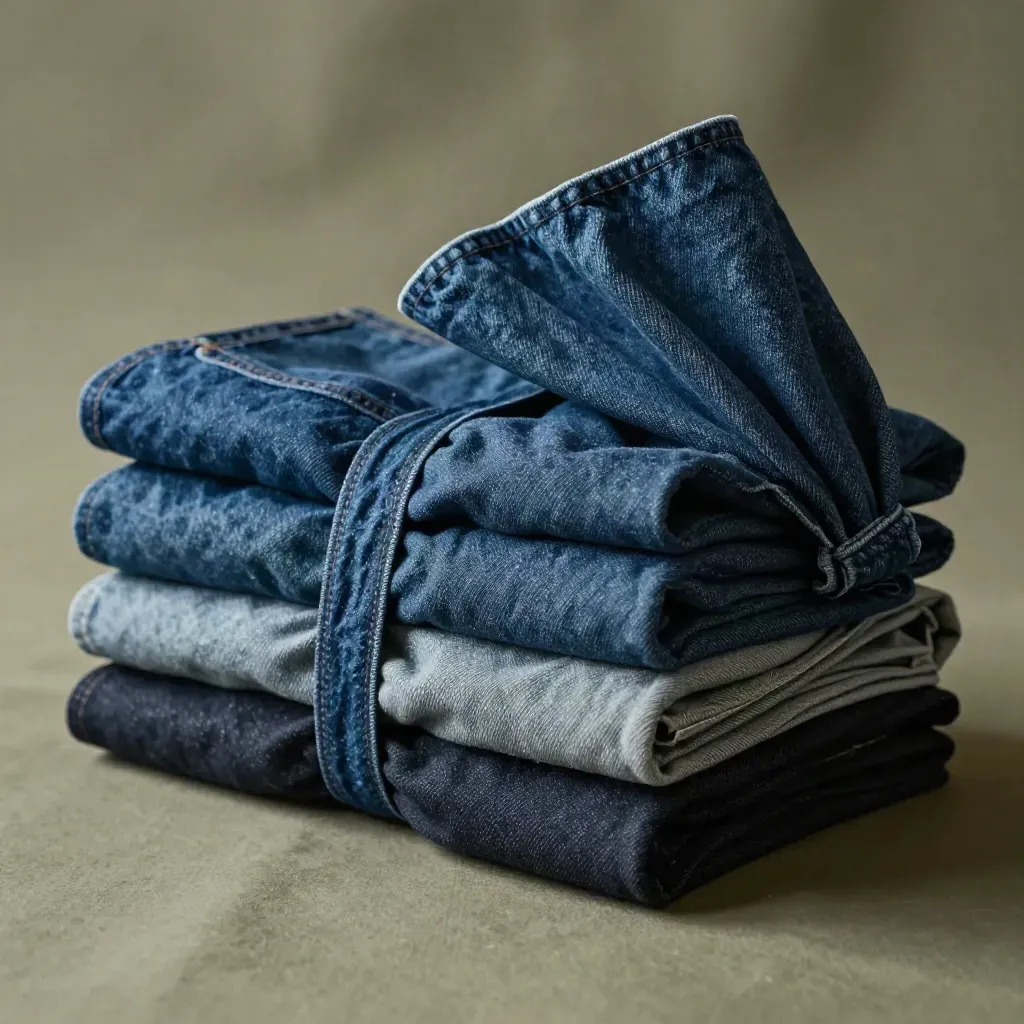 Folded denim chambray fabric pack tied with an unmarked band on a dark base