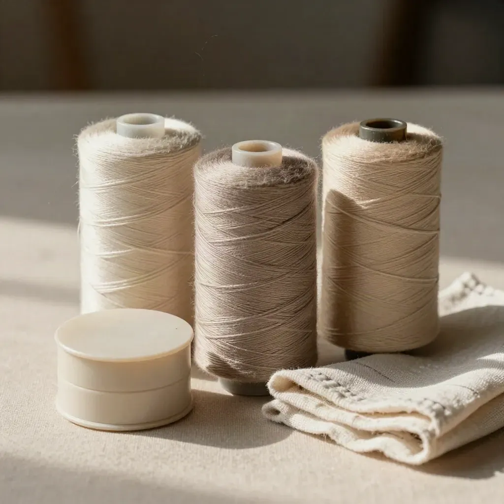 Three neutral thread spools with a needle case and muslin swatch on sand-toned fabric.