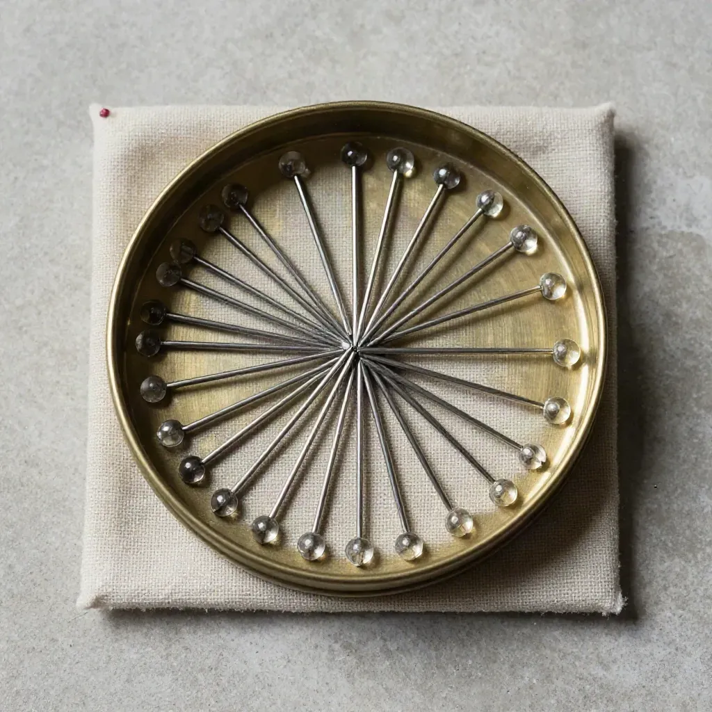 Glass head pins spilling in a brass tin on linen, shot straight down with crisp reflections.