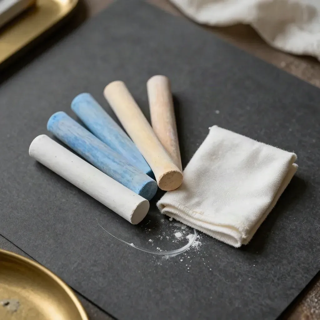 Tailor chalk sticks and cotton square with powder dust on charcoal felt