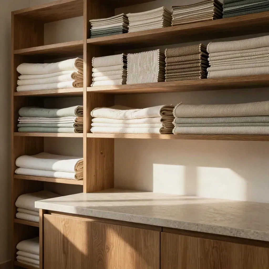 Sunlit textile studio shelves with cotton bolts above a quiet limestone worktop.