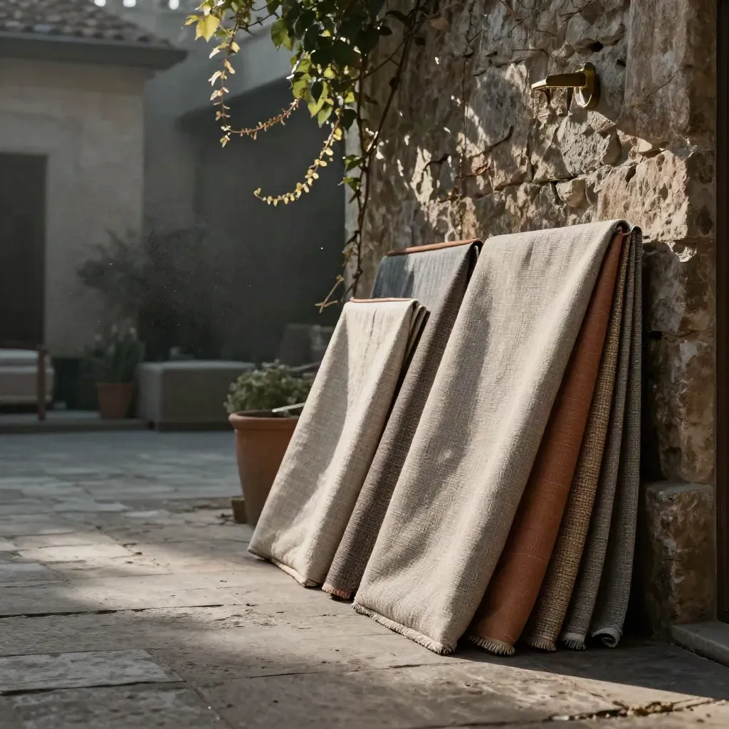 Stone courtyard with stacked upholstery bolts, weathered wall, vine, and soft haze.