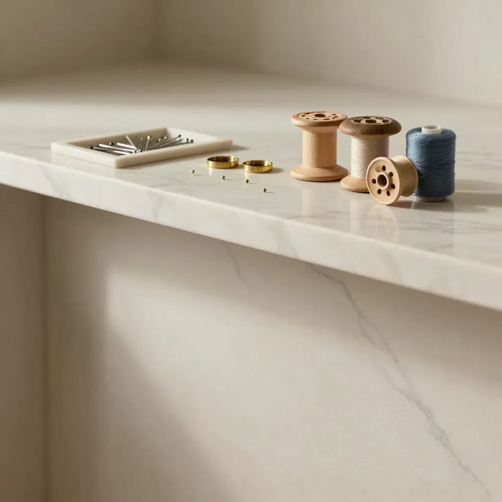 Marble notions tray with spools, pins and wooden bobbins along the top edge
