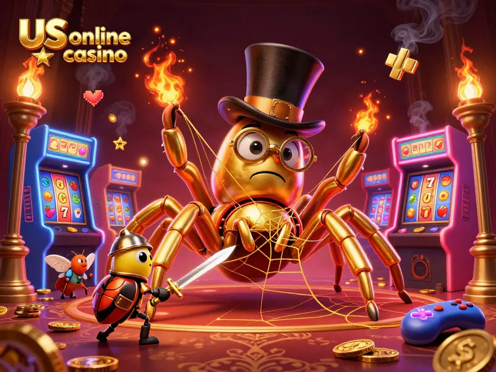 Experience the thrill of us online casino with a golden tarantula and knight in a dazzling scene.