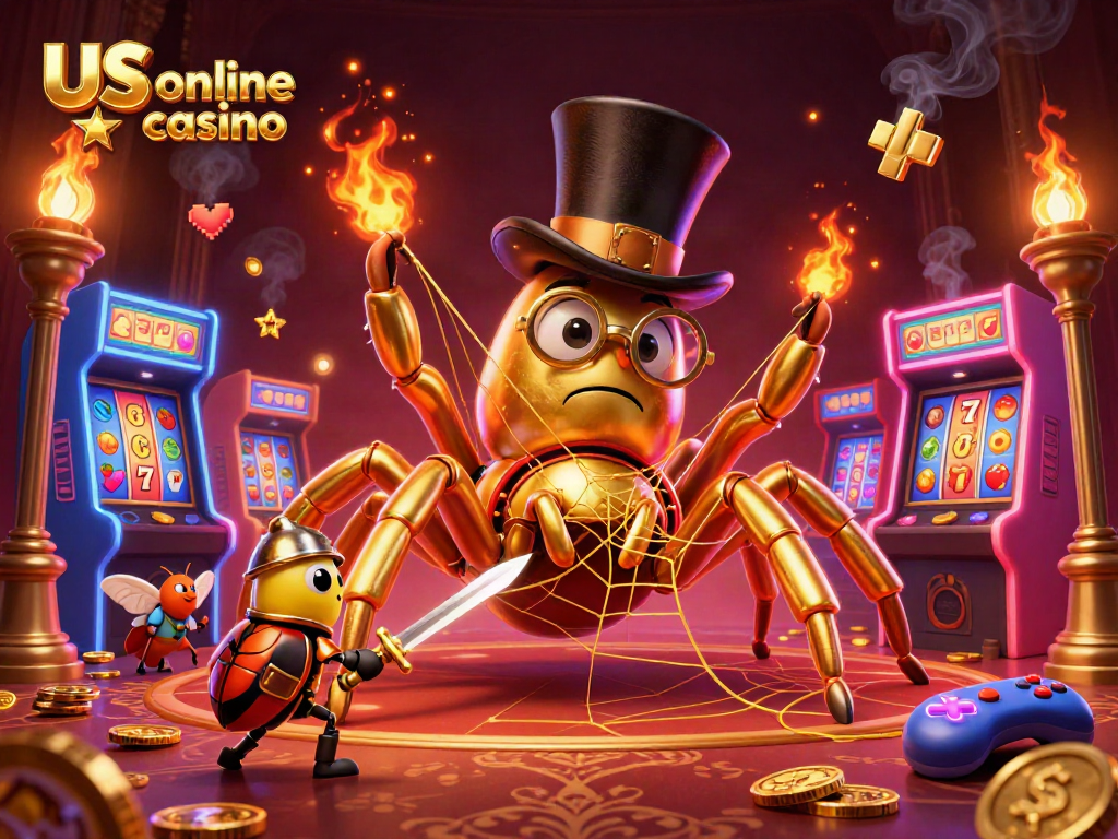 Experience the thrill of us online casino with a golden tarantula and knight in a dazzling scene.