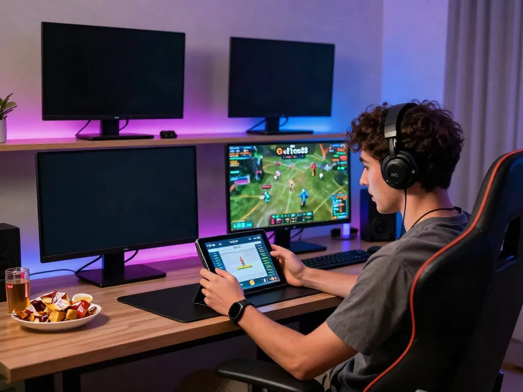 Gamers enjoying live betting on Gem88 with multiple screens in a vibrant setting.