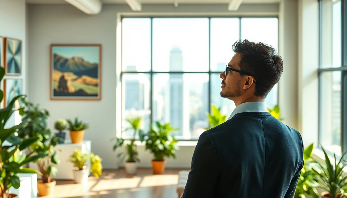 Envisioning the ideal career while gazing out a modern office window with a city view.