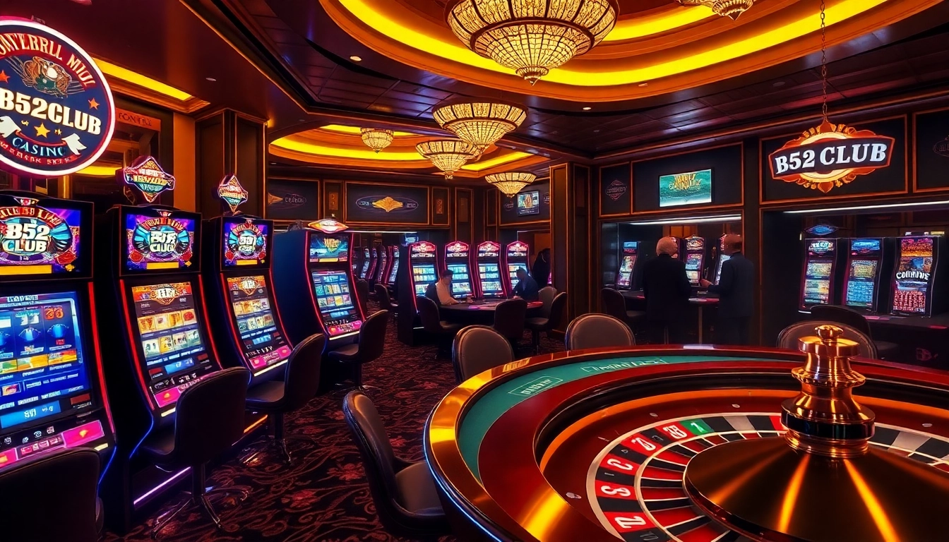 B52CLUB poker action capturing intense gameplay and luxurious design in an upscale casino setting.