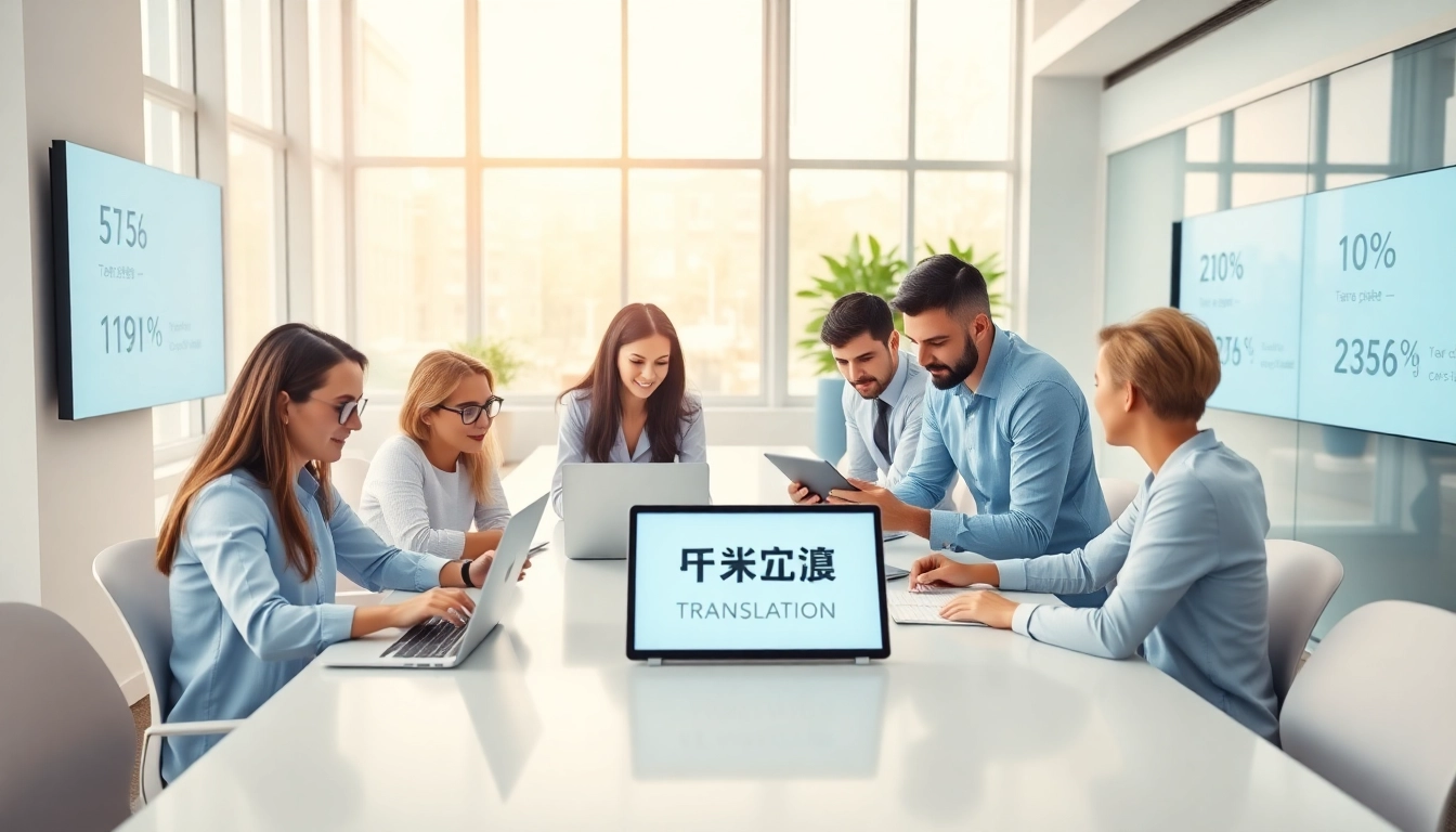 Professionals utilizing 有道 translation tools in a modern office setting.