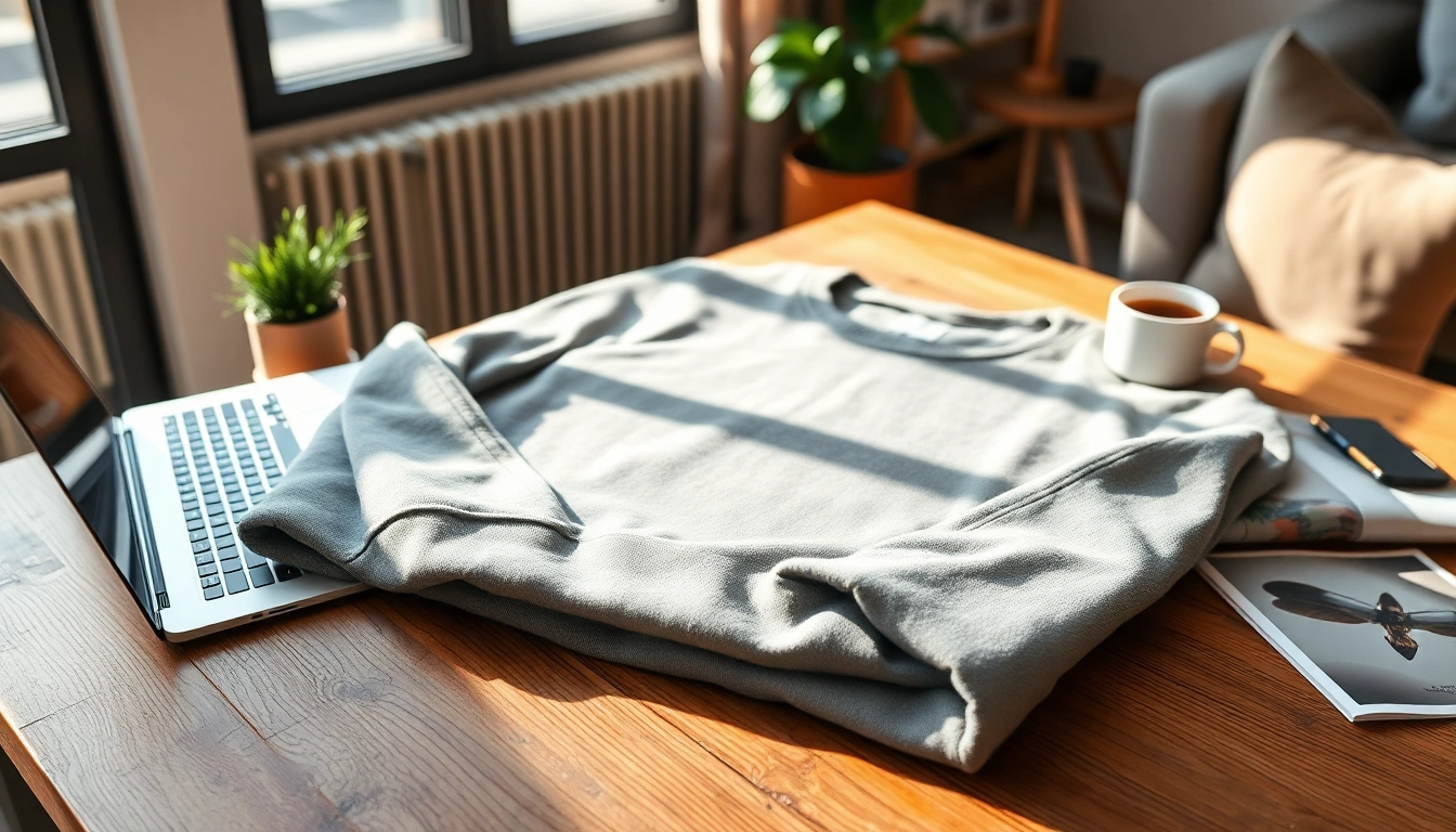Model wearing a crew neck sweatshirt in a stylish living room setting, showcasing comfort and casual elegance.