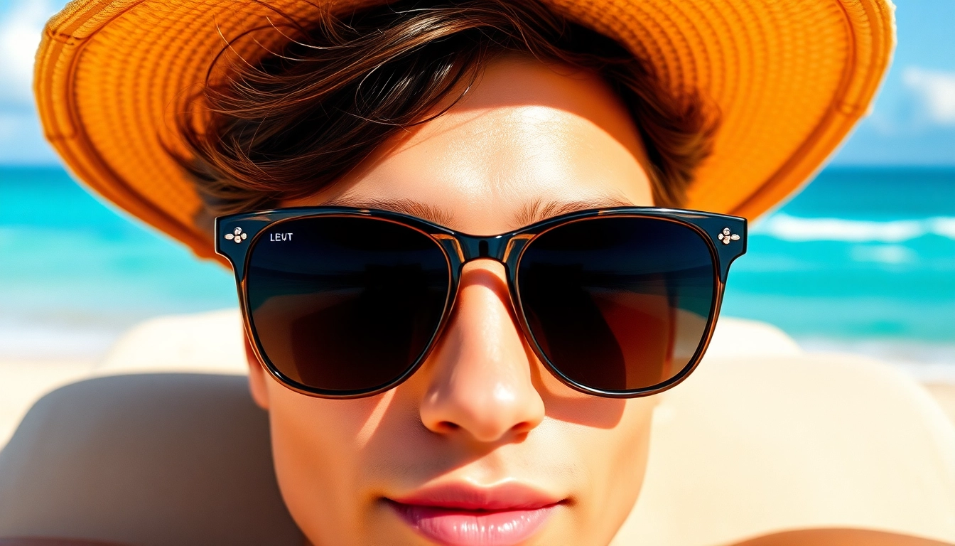 Stylish individual showcasing premium sunglasses on a sunlit beach backdrop.
