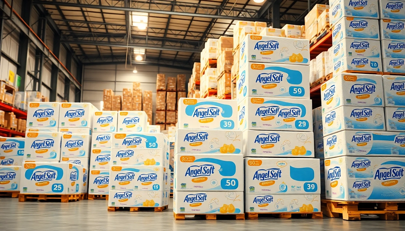 Visualize Angel Soft Toilet Paper Pallets stacked in a warehouse, showcasing organization and inventory.