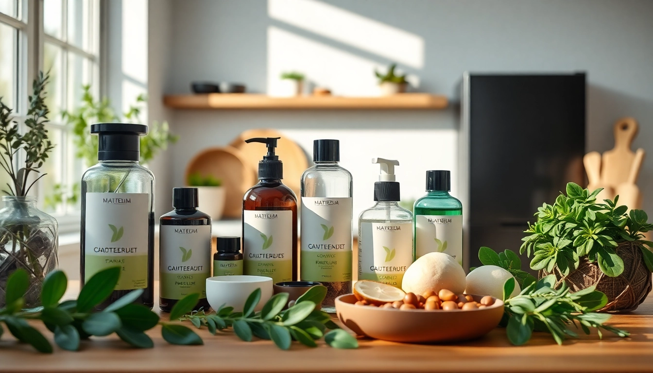 Showcase of AMC Essentials wellness products in a modern kitchen setting with organic ingredients.