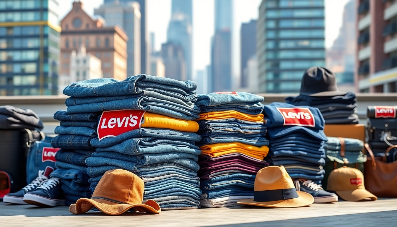 Showcasing a colorful Levi’s and American eagle jeans pallet arranged with trendy accessories, emphasizing style and quality.