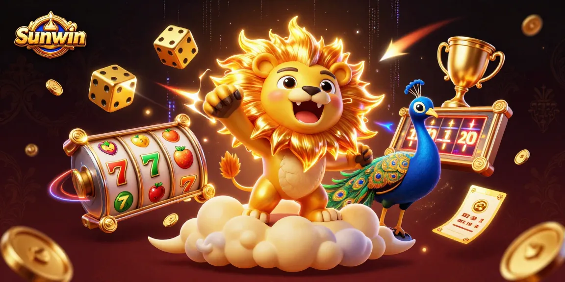 Win big at Sunwin with vibrant slots and a roaring sun lion in a dynamic 3D casino scene.