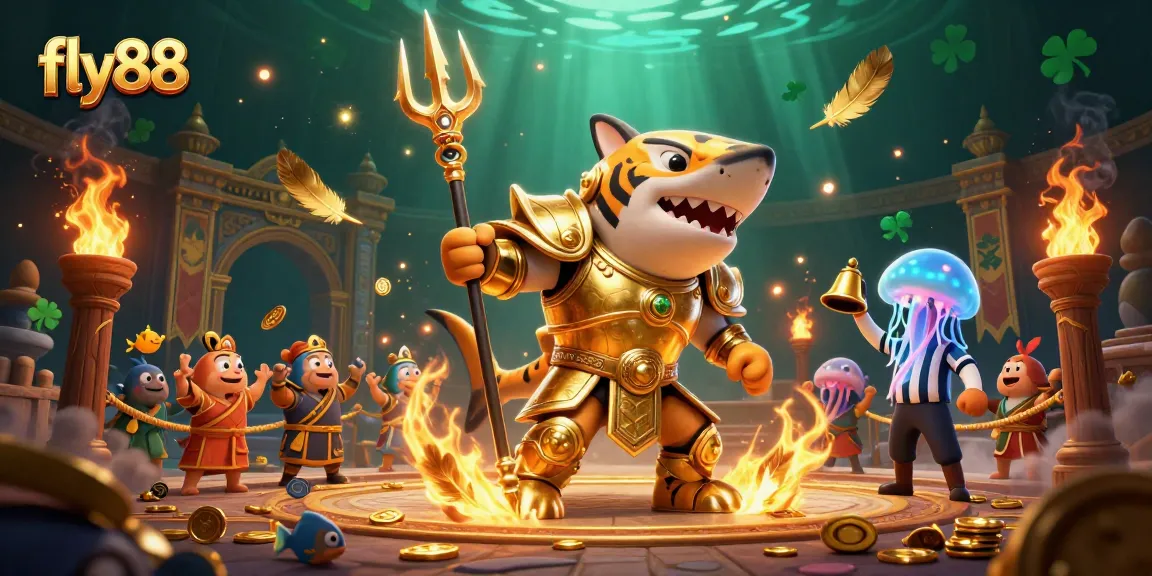 Experience thrilling gameplay at fly88 with an exciting underwater casino battle featuring a golden shark warrior.