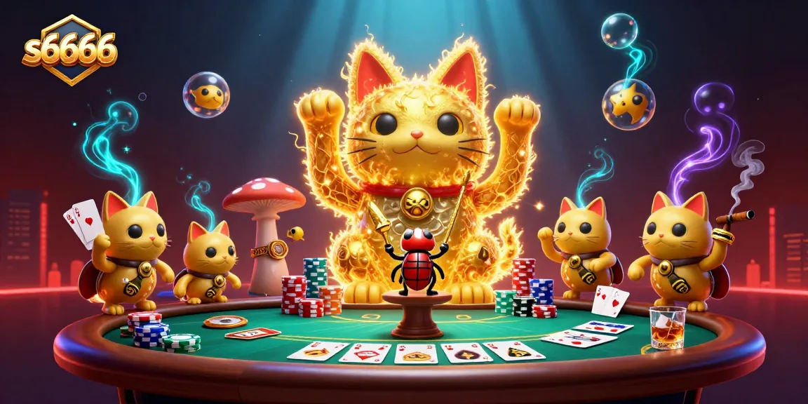 Experience the lively action at s6666 with a vibrant casino-themed illustration featuring a lucky cat and poker elements.