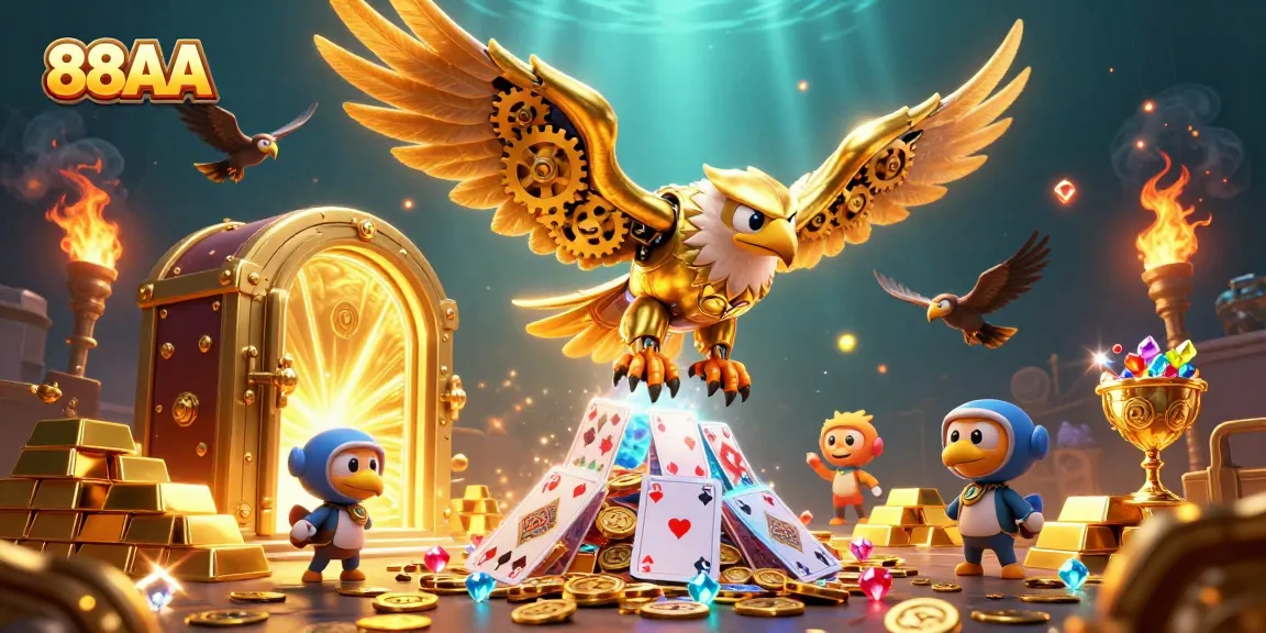 Experience the excitement of animated 88AA gameplay with a cybernetic eagle and dazzling treasure.