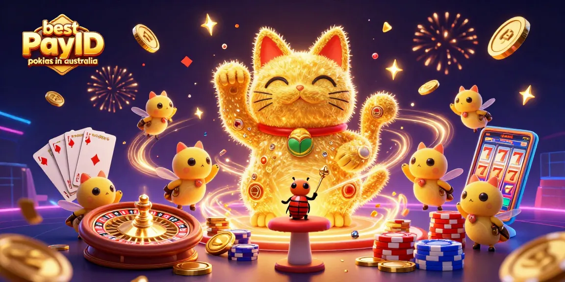 Experience the thrill of the best PayID pokies in australia with a dynamic scene featuring a lucky cat and casino symbols.