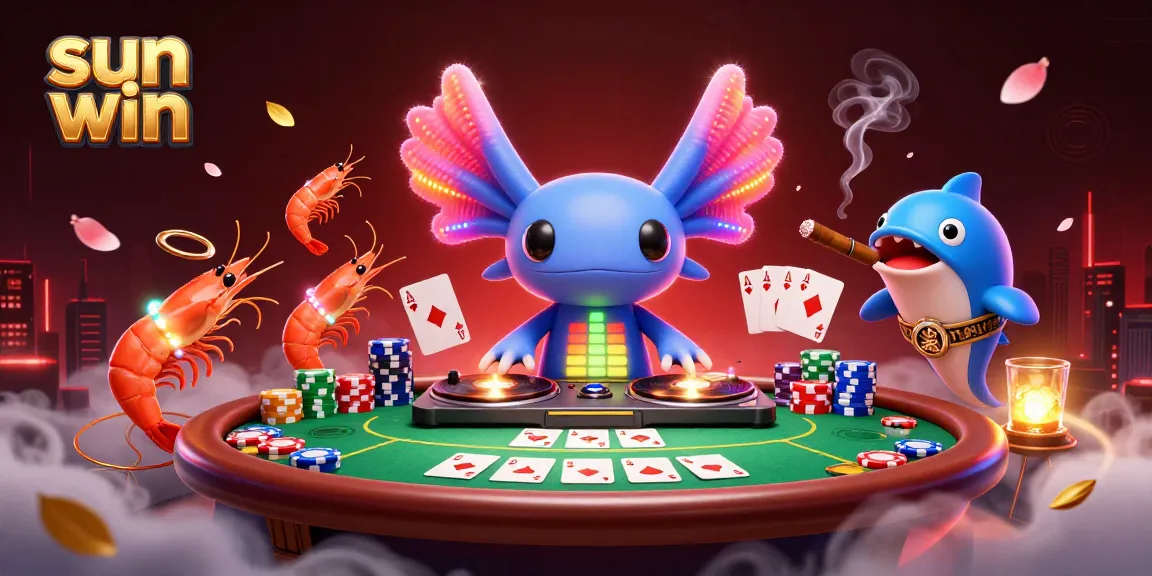 Experience thrilling action at sun win with an energetic scene of a DJ axolotl and poker excitement.
