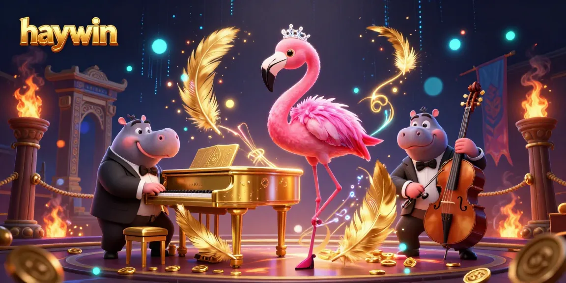 Experience the vibrant energy of haywin with a lively casino scene featuring a flamingo singer and hippo bassist.