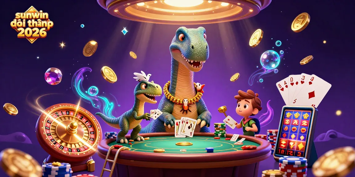 Visualize excitement with sunwin đổi thưởng 2026 as a giant brontosaurus surveys a vibrant casino scene.