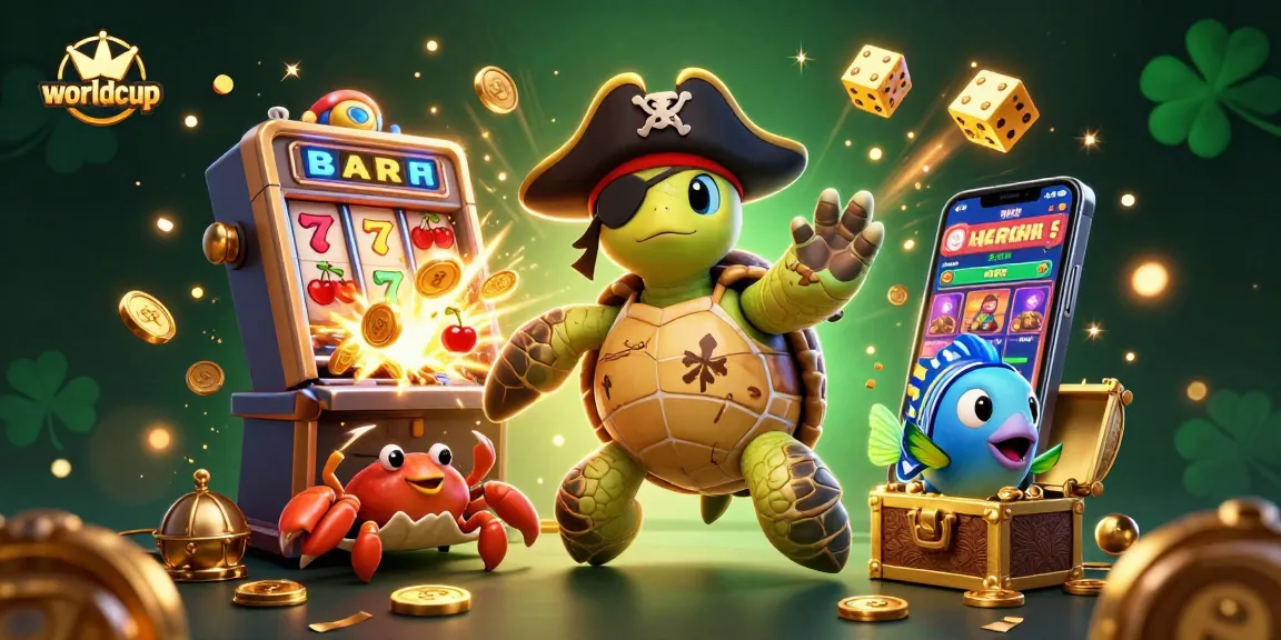 Engage with the worldcup magic featuring a pirate turtle and friends collecting jackpot riches in a vibrant casino scene.